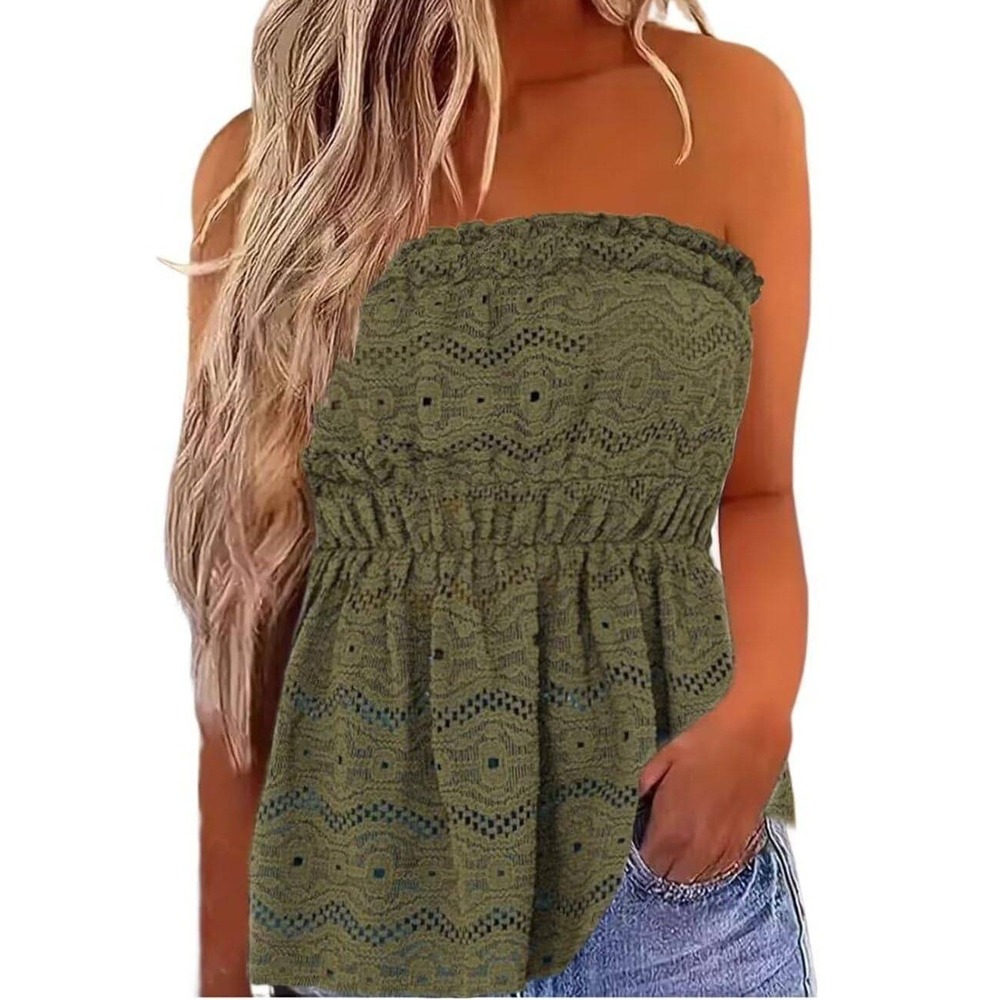 PrettyGarden Olive Green Crochet Eyelet Strapless Peplum Tube Top Womens Small